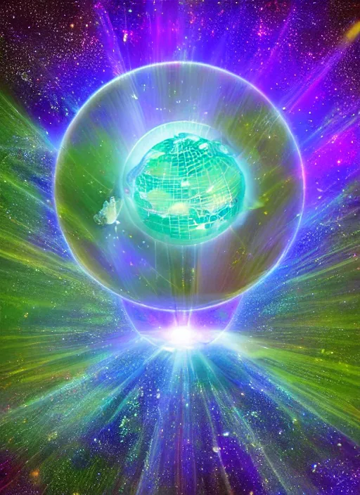 Image similar to matrix coded globe emitting rays of light into the vast cosmos digital art