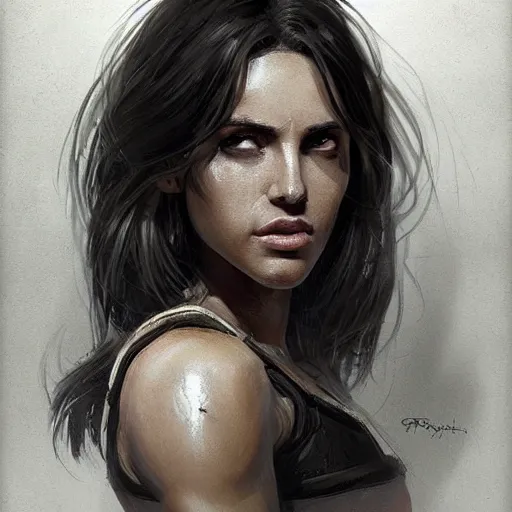 Image similar to portrait of a woman by greg rutkowski, eiza gonzalez as a weyland - yutani mercenary, from aliens franchise, she is about 3 0 years old, military composure, wearing white and black colored tactical gear, highly detailed portrait, digital painting, artstation, concept art, smooth, sharp foccus ilustration, artstation hq