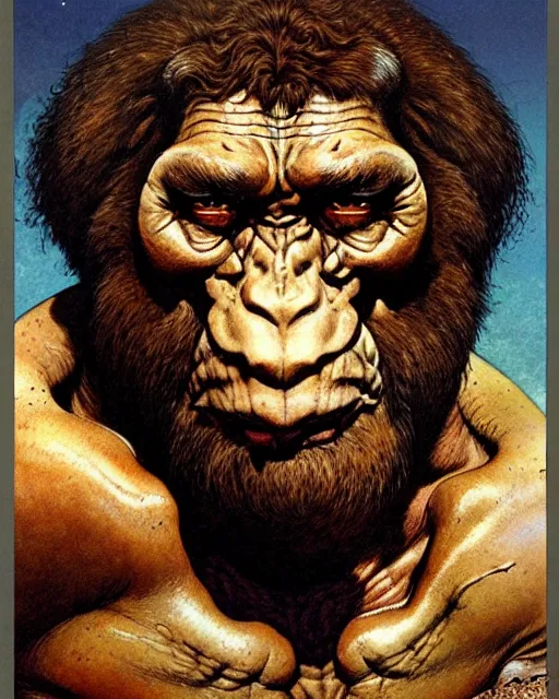 Prompt: neanderthal read science book about him, heavey metal magazine cover, character portrait, portrait, close up, concept art, intricate details, highly detailed, in the style of frank frazetta, esteban maroto, richard corben, pepe moreno, matt howarth, stefano tamburini, tanino liberatore, luis royo and alex ebel