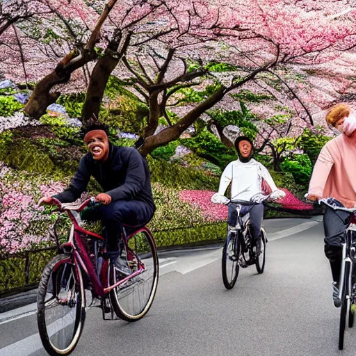 Image similar to ksi and jake paul are riding bikes together in japan through a beautiful street in japan filled with cherry blossoms, 8k, golden hour, highly detailed, award winning photo