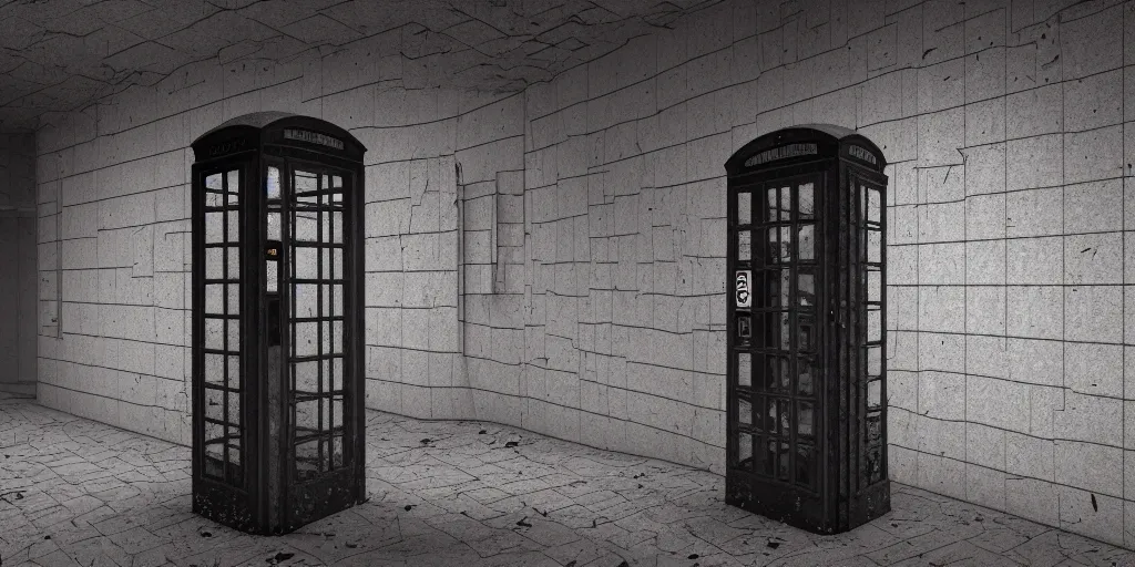 Image similar to a deserted telephone booth in the dark of the night, weird, haunted, misty, dark and evil, demonic, sinister, ambient lighting, 8 k render, hyper realistic, photo realistic, by wes anderson