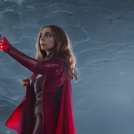 Image similar to movie still of elizabeth olsen as the scarlet witch, facing away from the camera, standing in the middle of a dark cave, holding red magic from her hands, illuminating the area, golden ratio!!!!!, centered, trending on artstation, 8 k quality, cgsociety contest winner, artstation hd, artstation hq, luminous lighting