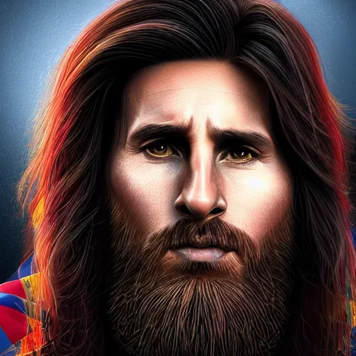 Prompt: Close-up portrait of Lionel Messi, long silver hair with a long beard, big nose, wearing a barca cape, digital painting, 4k, rays of light, particles light, artstation, kuvshinov ilya, landscape by Noah Bradley, pixel art