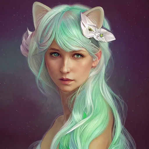 Image similar to ultra realistic illustration, dream girl with white hair, with light green eyes, with cat ears, in a sundress, intricate, elegant, highly detailed, digital painting, artstation, concept art, smooth, sharp focus, illustration, art by artgerm and greg rutkowski and alphonse mucha