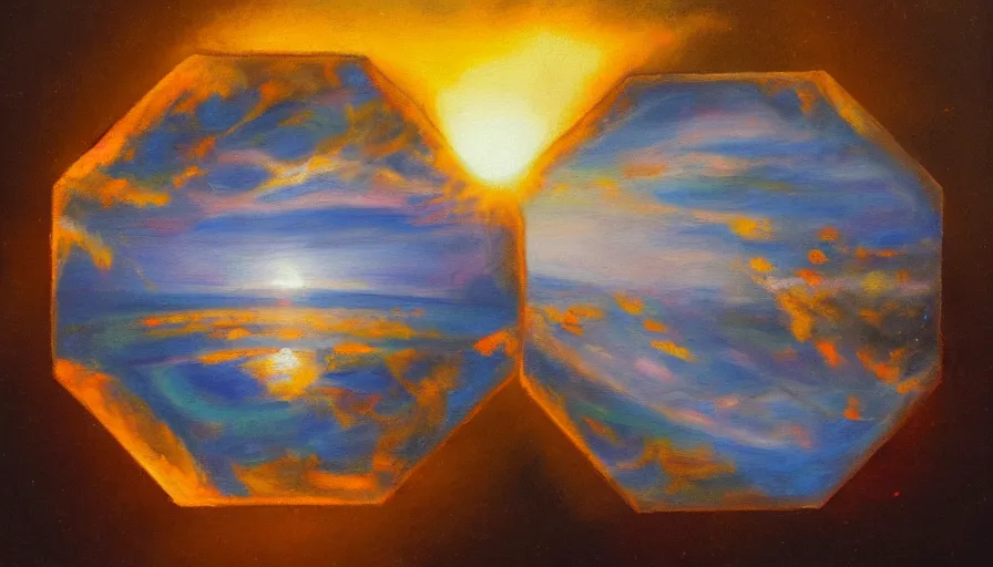 Image similar to the sun being blocked by a hexagon, earth in the foreground, oil painting