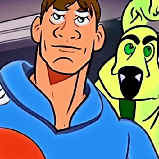 Prompt: a still of john cena in an episode of scooby - doo,