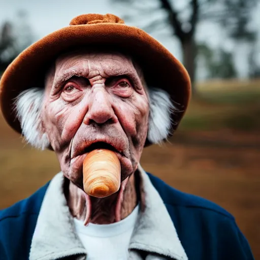 Image similar to An elderly man with sausages in his ears, Canon EOS R3, f/1.4, ISO 200, 1/160s, 8K, RAW, unedited, symmetrical balance, in-frame