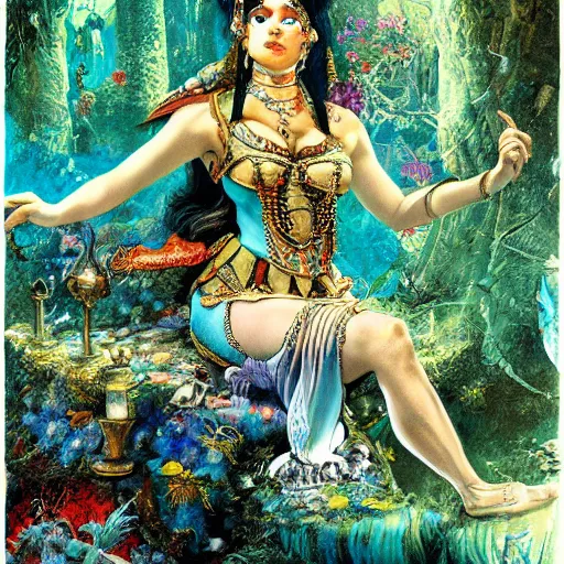 Image similar to cleopatra in alice in wonderland tripping on ayahuasca, intricate detail, painting, royo, frazetta, whealan,