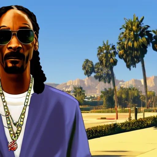 Image similar to Snoop Dogg in GTA V. Los Santos in the background, palm trees. In the art style of Stephen Bliss.