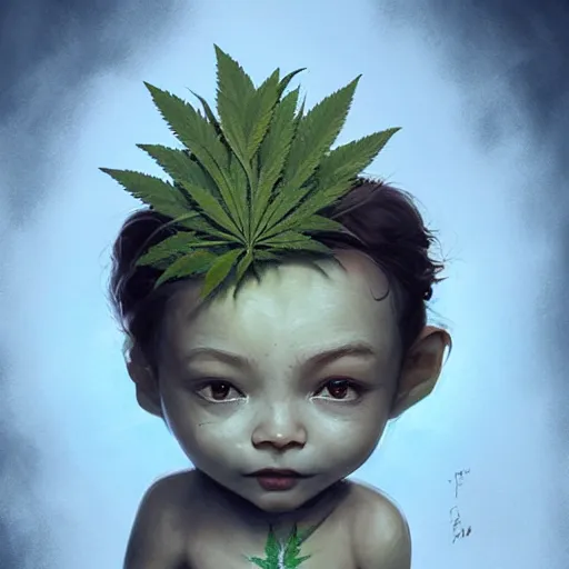 Image similar to a cute little baby made of hemp, with a head in the form of a cannabis bloom, like baby grut, green skin, character, art by james jean and greg rutkowski!!, realistic face, digital art, chibi style, golden ratio, perfect composition, trending on artstation, 8 k