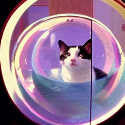 Prompt: a cat peeks out of a circular bubble window, 1 9 9 0 s anime, soft glow, studio ghibli, grainy