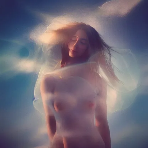 Image similar to “ euphoric woman floating in translucent clouds, psychic mist, beautiful ethereal ”