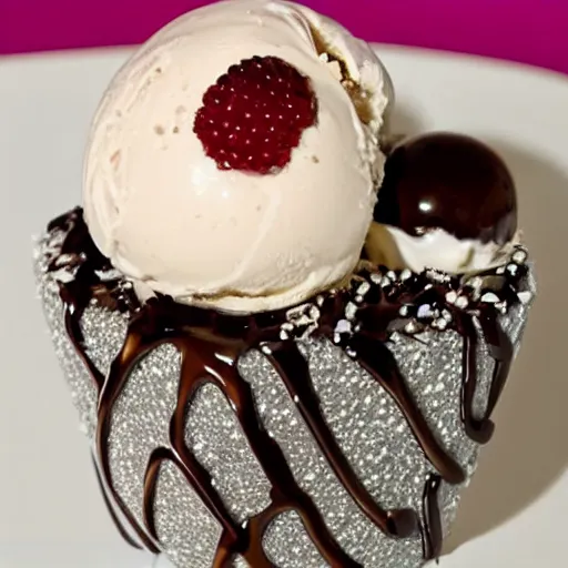 Prompt: an ice cream sundae made out of diamonds and chocolate, elegant and ornate,