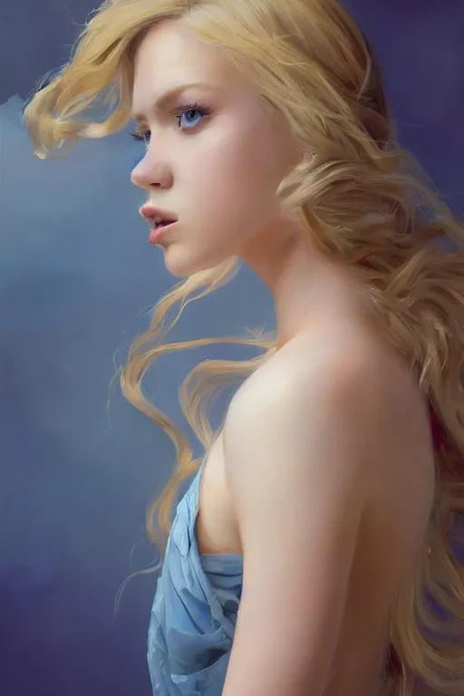 Image similar to an epic painting of a young woman, flowing golden blonde hairstyle, cornflower blue eyes, subject wearing a navy blue dress, flowing, ornate, kawaii, beautiful, coral red, mint, taupe, with few baby blue highlights, cinematic light, volumetric shading, by Greg Rutkowski and Jeremy Mann, trending on Artstation, 80mm lens, oil on canvas