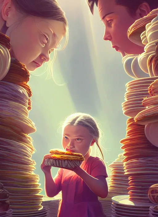 Image similar to highly detailed portrait of greta thunberg eating cakes, stephen bliss, unreal engine, greg rutkowski, loish, rhads, beeple, makoto shinkai and lois van baarle, ilya kuvshinov, rossdraws, tom bagshaw, tom whalen, alphonse mucha, global illumination, god rays, detailed and intricate environment