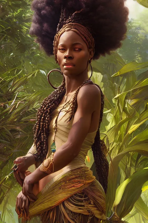 Prompt: african goddess of nature, accurate anatomy, only two hands, highly detailed, digital painting, artstation, concept art, smooth, sharp focus, illustration, Unreal Engine 5, 8K, art by Ross Tran and greg rutkowski and alphonse Mucha