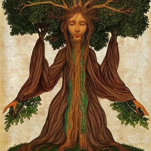 Image similar to gnostic kabbalist druid merging with the tree of life