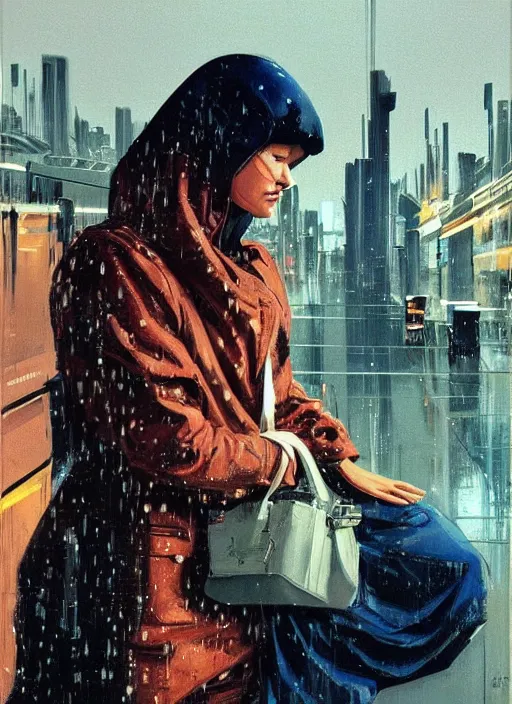 Image similar to a realistic portrait of a beautiful woman wearing a plastic hoodie in a dystopian city, raining by syd mead