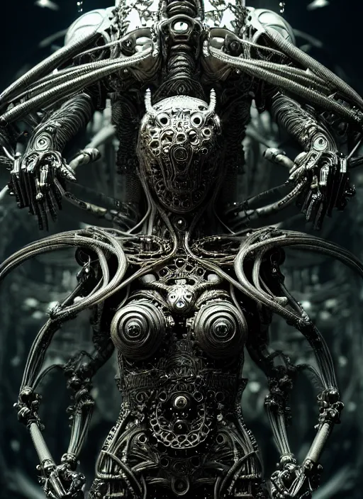 Image similar to timeless cybernetic deity, intricate detail, royo, whealan, giger, klimt, hd, octane render, unreal engine,