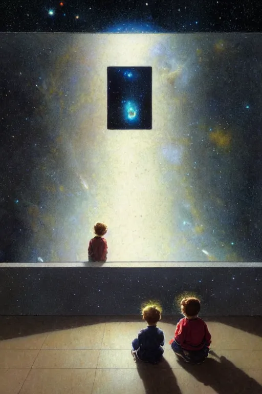 Image similar to a 1 5 year old boy and 2 year old girl looking at a wall and viewing the universe full of galaxies, part by norman rockwell, part by greg rutkowski, part by mattias adolfsson, high angle, ( ( ( ( volumetric lighting ) ) ) ), oil on canvas