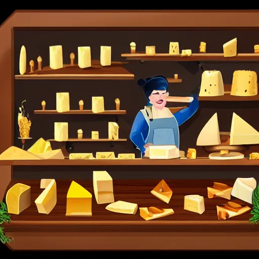 Prompt: fantasy cheese shop interior with shopkeeper