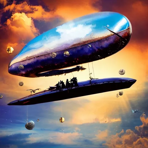 Image similar to big steampunk zeppelin flying in big fluffy clouds, cinematic light, epic scene, god rays, 8 k, high detailed ornaments, liquid marbling acrylic paint, sunset, magic hour, golden hour, strathosphere, nebula sky, milkyway