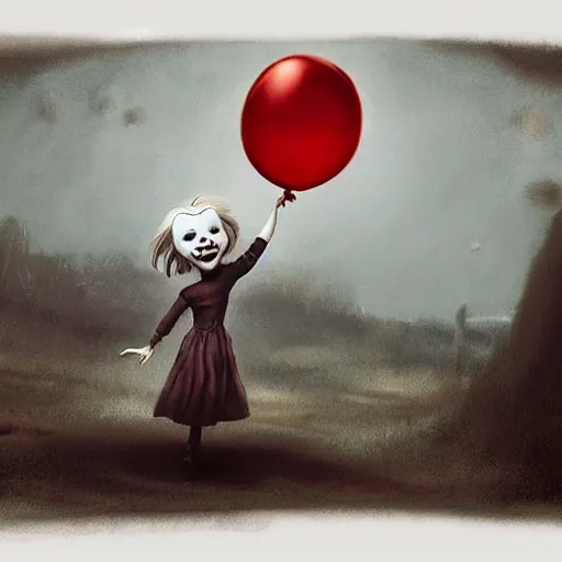 Image similar to grunge cartoon landscape sketch of bilie eilish with a wide smile and a red balloon by - michal karcz, loony toons style, pennywise style, mona lisa style, horror theme, detailed, elegant, intricate