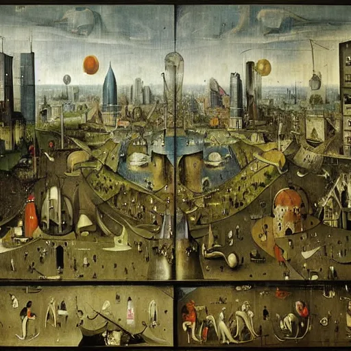 Prompt: modern city vision by hieronymus bosch, painting,