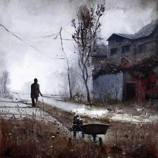 Image similar to painting by jakub rozalski of a person walking with a wheelbarrow in an abandoned post soviet town infested with root monsters