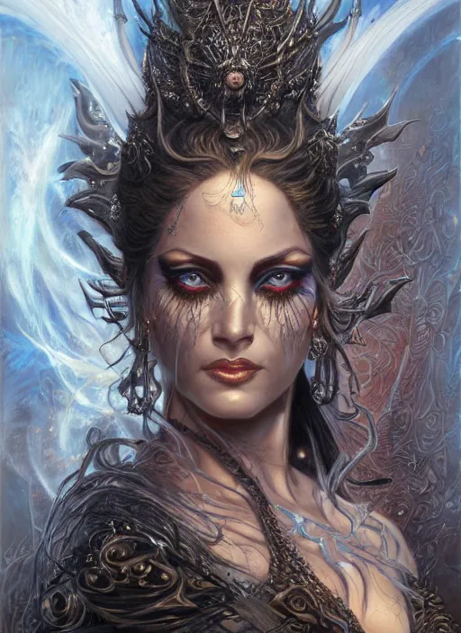 Prompt: a highly detailed airbrush painting of an evil female fantasy sorceress with piercing beautiful eyes, art by karol bak and mark brooks and donato giancola and bayard wu, 4 k, 4 0 9 6, hires, focus