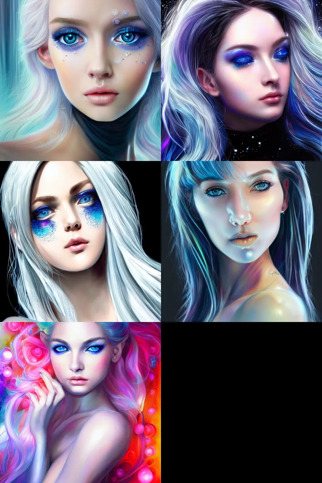 Prompt: ultra detailed portrait of gorgeous girl, dreamy and ethereal, expressive pose, big blue eyes, peaceful expression, futuristic shiny black bodysuit, white hair, silver jewelery, cyberpunk, fantasy, intricate, elegant, many rainbow bubbles, rose tones, highly detailed, digital painting, artstation, concept art, smooth, sharp focus, illustration, art by artgerm and greg rutkowski and alphonse mucha unreal engine 5 RTX NVIDIA hairworks