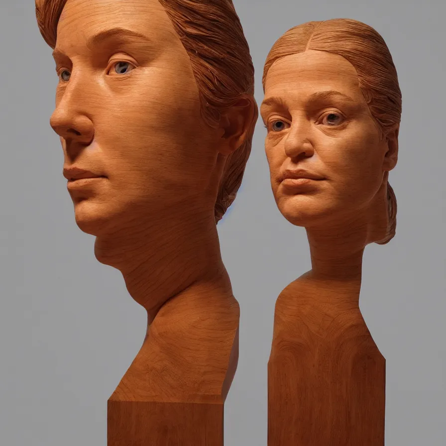 Image similar to hyperrealistic sculpture portrait of a stern woman's face carved out of a curly maple wood on a pedestal by duane hanson and donald judd, hyperrealistic dramatic colored lighting trending on artstation 8 k