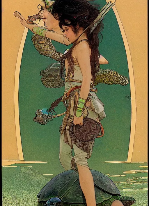 Image similar to a little warrior girl standing on top of one giant turtle in the desert. the girl has dark skin and beautiful green eyes, realistic body and a very beautiful detailed symmetrical face with long black hair. diffuse light, dramatic landscape, fantasy illustration by mucha
