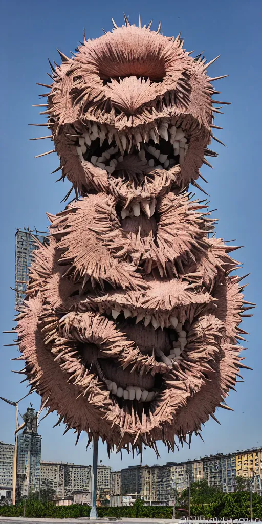 Image similar to colossal Beelzebub flower made from angry smiles in the middle of post soviet constructivist cityscape, Stalinist architecture, brutalist architecture, ultradetailed, Intricate by Makoto Shinkai and Giuseppe Arcimboldo and MC Esher and Wes Anderson and H.R. Giger
