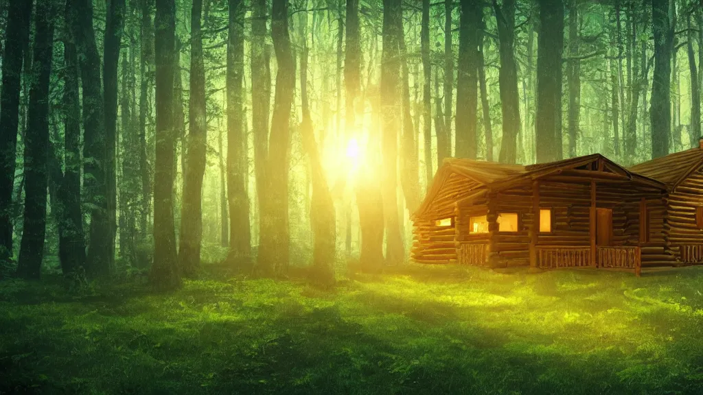 Image similar to portrait of an ethereal log cabin made of golden light, evergreen forest made of green and blue light, divine, cyberspace, mysterious, dark high-contrast concept art
