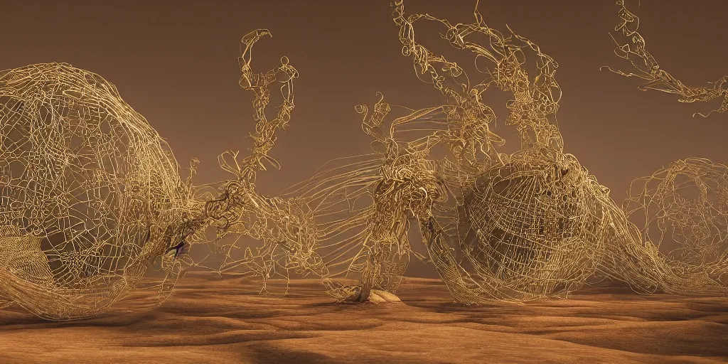 Prompt: A George Miller film, an ornate real characters made out of intricate metallic filament webs with cutaways to see into the Endocrine system built out of dust and light, floating in the desert night, hyper-realism, very detailed feel, rendered in Octane, tiny points of light, caustic, 4k, beautiful lighting, foggy