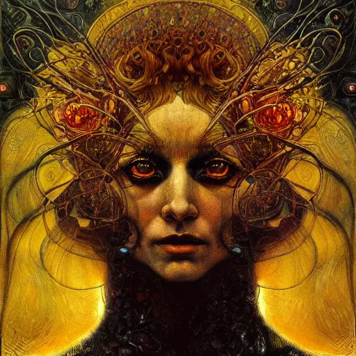 Image similar to Visions of Hell by Karol Bak, Jean Deville, Gustav Klimt, and Vincent Van Gogh, nightmare portrait, infernal, visionary, otherworldly, fractal structures, ornate gilded medieval icon, third eye, hellfire, stygian, spirals