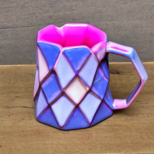 Prompt: tall icosahedron triangle ceramic mug with pink and purple pearlescent glaze