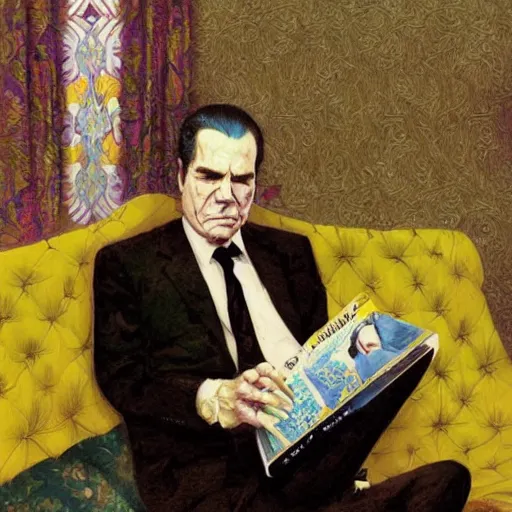 Prompt: Richard Nixon smoking weed in a hotel room with Bob Dylan, yellow theme, by krenz cushart and mucha and yoneyama mai and greg rutkowski