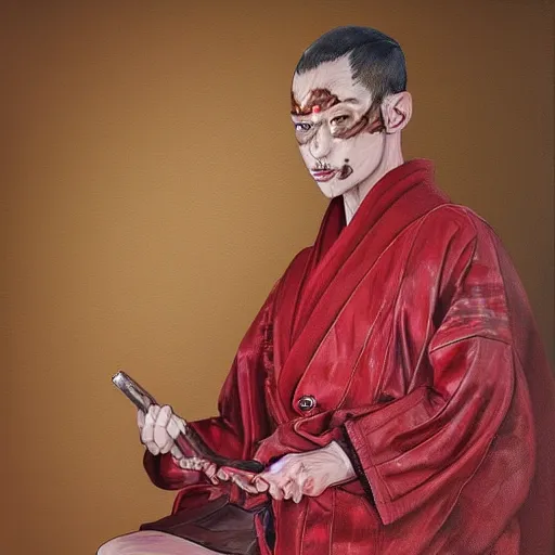 Prompt: a portrait of a human hybrid mutant brown rat in red kimono, painting, realistic, digital art