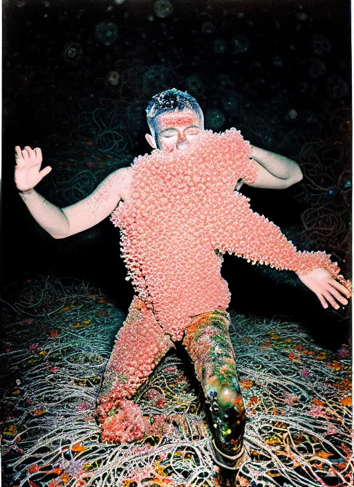 Prompt: realistic photo of a blurred face of an gay man, covered in shriveling dead coral reef, emitting aura, floating in the air with his arms stretched out, dancing in a gay night club with a spotlight shining on him 1 9 6 0, life magazine photo, natural colors, metropolitan museum, kodak, 8 k, very detailed, high resolution, product photo,