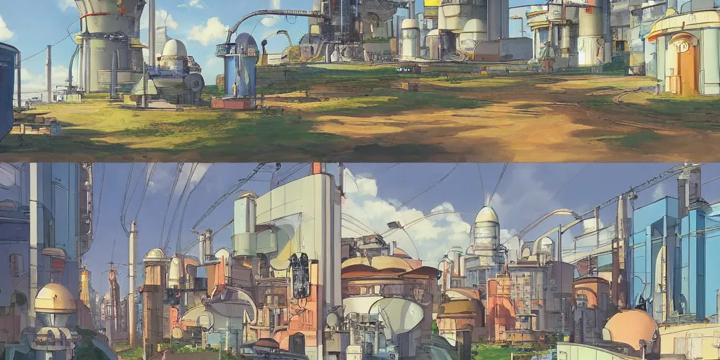 Prompt: Fusion reactor powering a future city, solarpunk, by Studio Ghibli and Edward Hopper