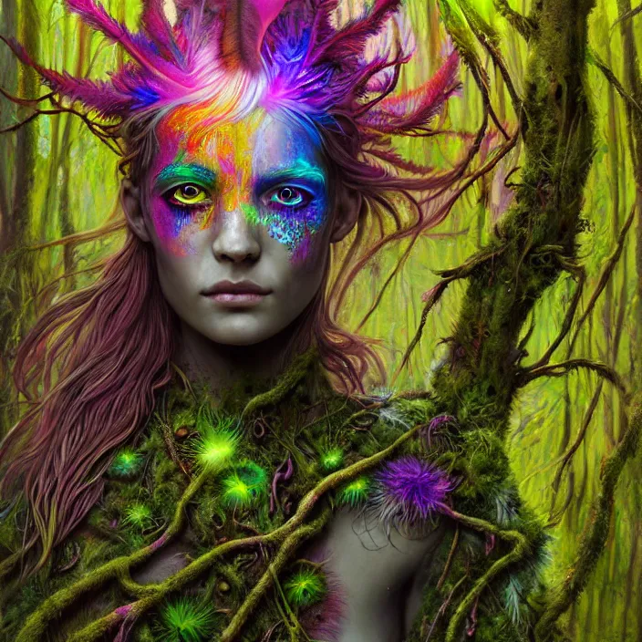 Image similar to bright psychedelic portrait of organic cyborg covered in moss and feathers in an ancient forest, diffuse lighting, fantasy, intricate, elegant, highly detailed, lifelike, photorealistic, digital painting, artstation, illustration, concept art, smooth, sharp focus, art by John Collier and Albert Aublet and Krenz Cushart and Artem Demura and Alphonse Mucha