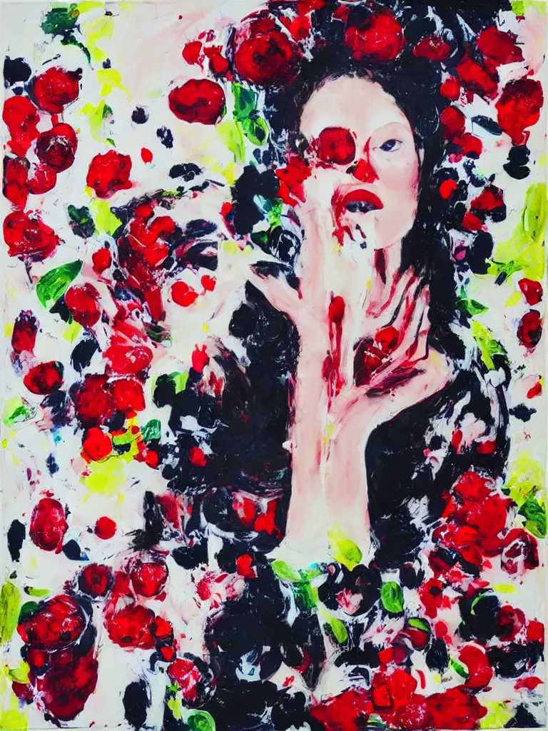 Image similar to “art in an Australian artist’s apartment, portrait of a woman wearing white cotton cloth, eating luscious fresh raspberries and strawberries and blueberries, edible flowers, black background, acrylic and spray paint and oilstick on canvas”