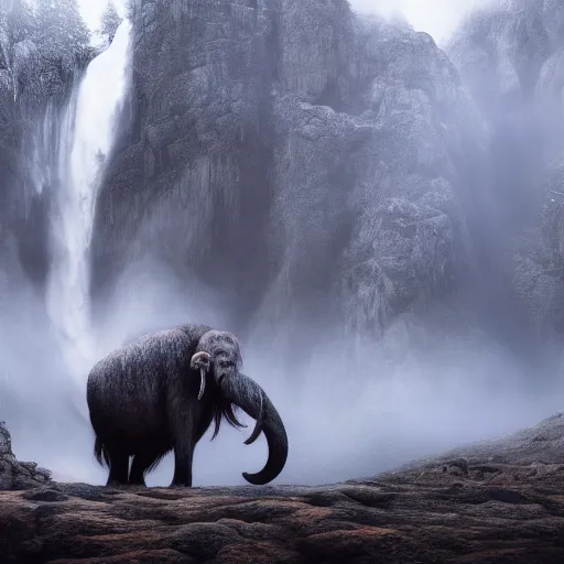 Image similar to photo of a mammoth next water fall mist, highly detailed, gettyimages, cinematic lighting, 4 k hd photo, trending on artstation, hyper realistic rendering photography, ultra wide angle, long shot, 8 k