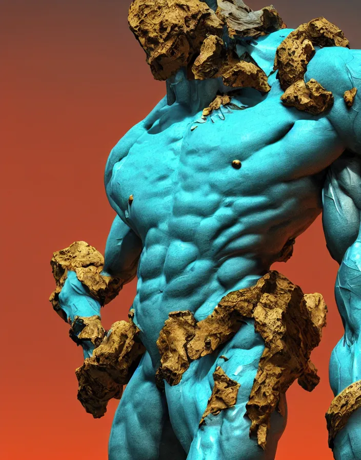 Prompt: positing on rock Apollon sculpture, full lenght view. white plastic, skull, muscles, tumors, veins, biomech. halo. octane rendering, cinematic, hyperrealism, octane rendering, 8k, depth of field, bokeh. iridescent accents. vibrant. teal gold and red color scheme