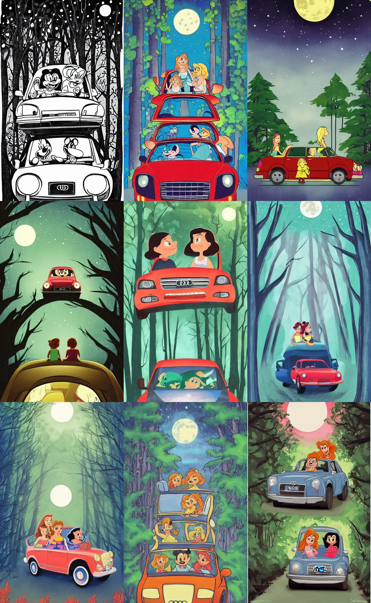 Disney Art Style Two Girls Sitting In An Audi A80 B4 Stable Diffusion