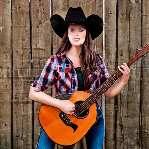 Image similar to a female fox animal, wearing cowboy hat, wearing plaid shirt, playing guitar, inside a barn, album cover style