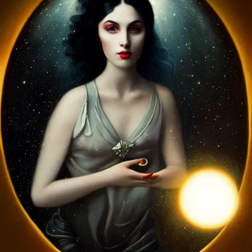 Image similar to the designer of the universe, woman holding a bright ball in her hand, in the style of tom bagshaw