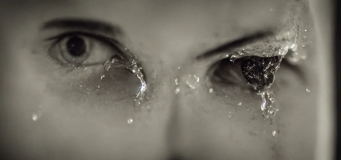 Prompt: “ the face of a man in agony reflected through a drop of water, dramatic lighting, incredible quality, bokeh ”